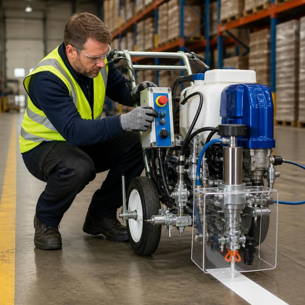 Warehouse line marking machine showing operator controls and spray guard