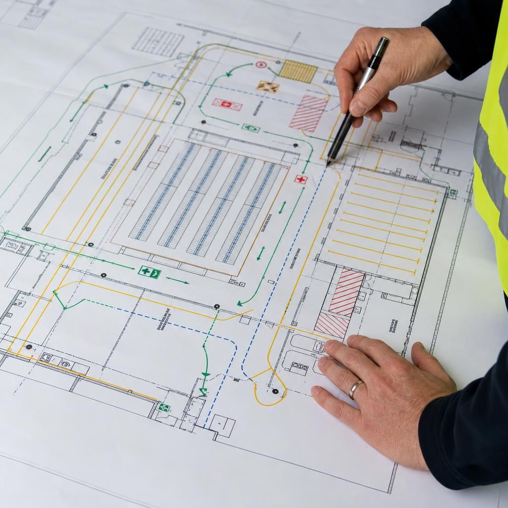 Annotated warehouse floor plan showing proposed lines, traffic routes and fixed reference points
