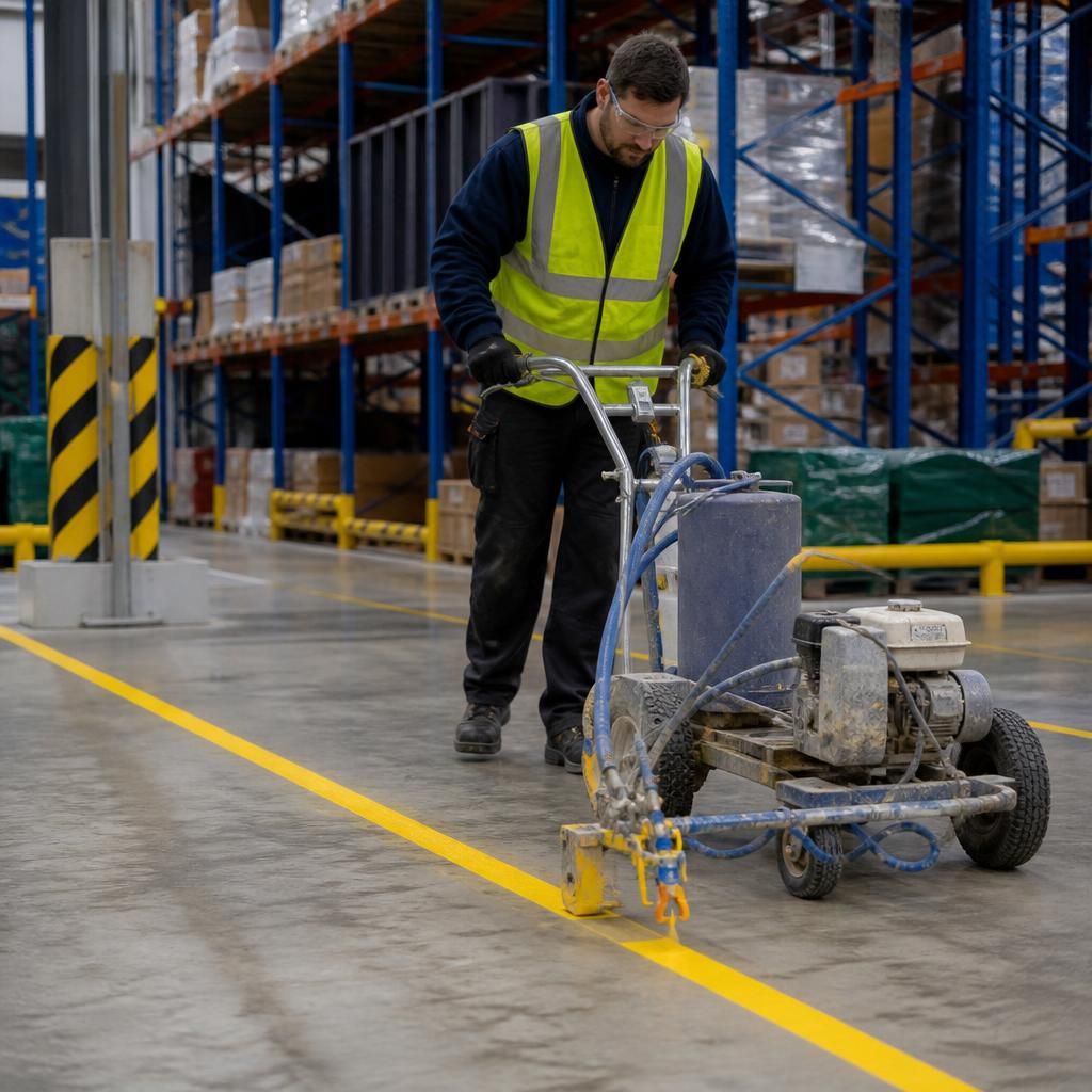 Operator applying yellow floor marking paint with a line marking machine in a warehouse