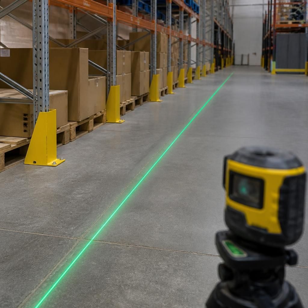 Laser projecting a straight guide line beside warehouse racking
