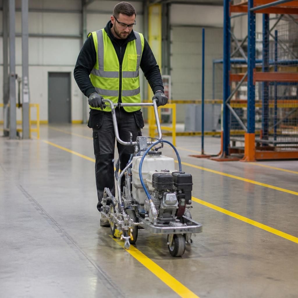 Operator guiding a warehouse line marking machine along a concrete floor