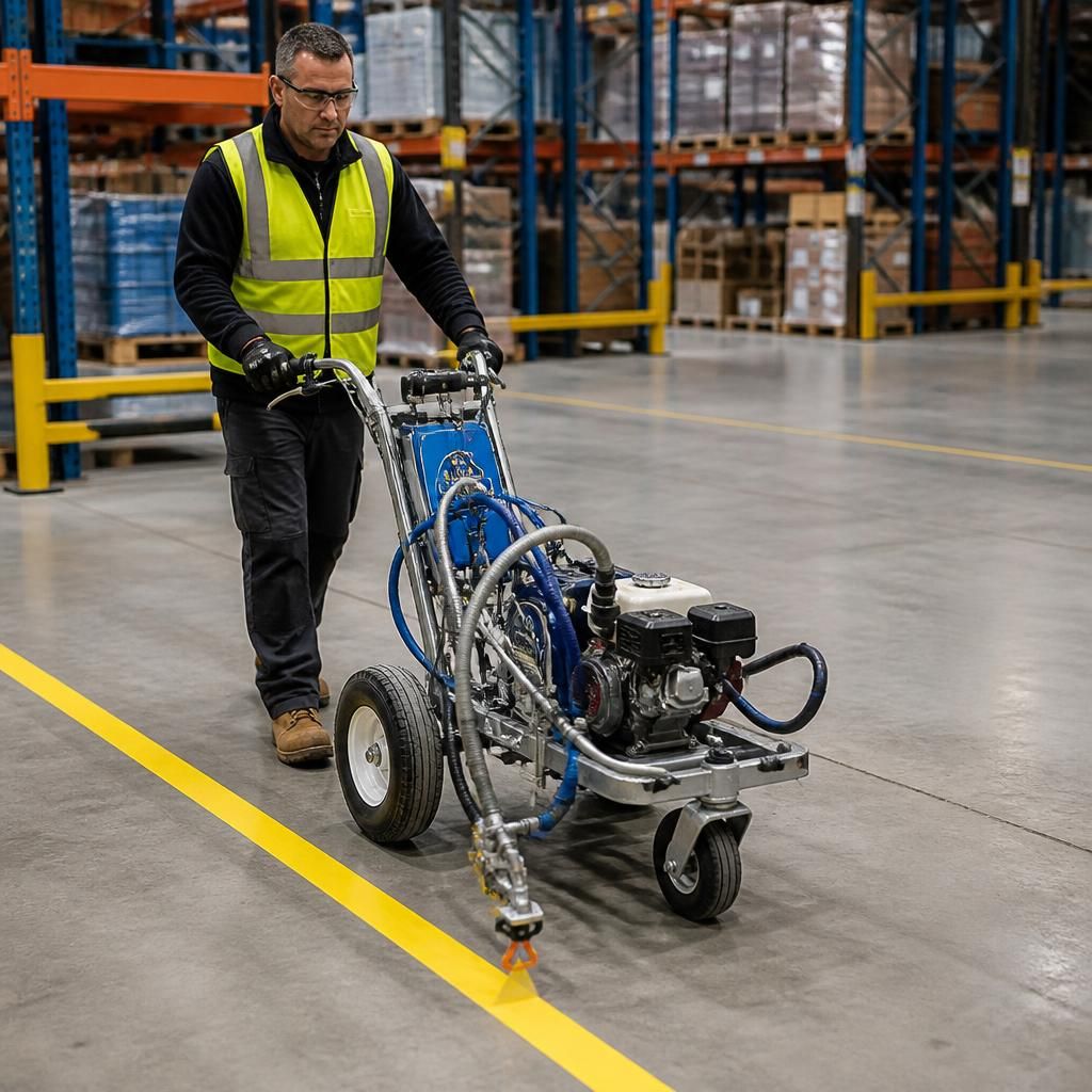Powered walk-behind line marking machine applying paint to a warehouse floor