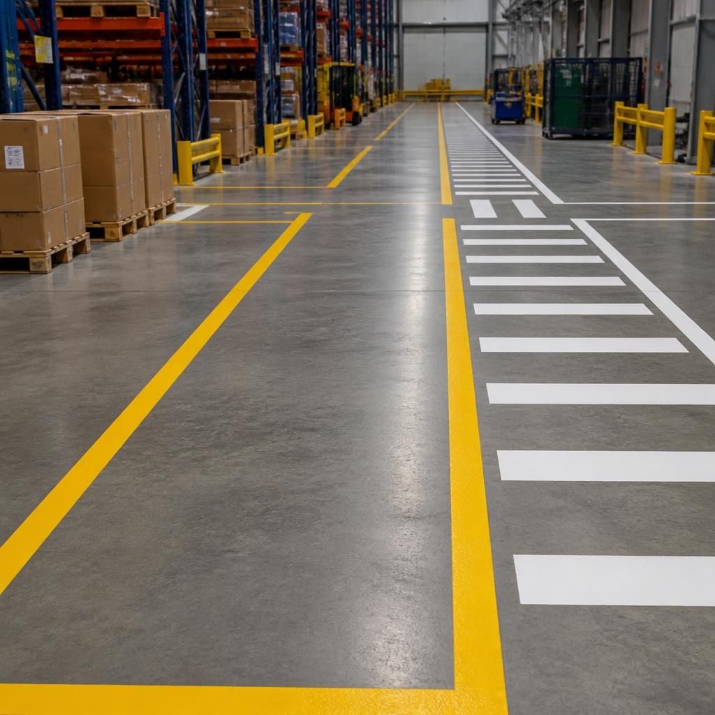 Yellow and white painted lines marking aisles on an indoor warehouse floor