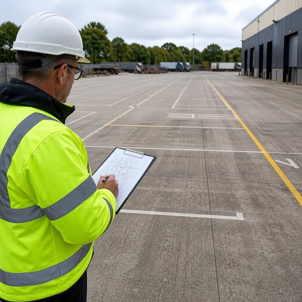 Site surveyor reviewing an outdoor yard layout before line marking