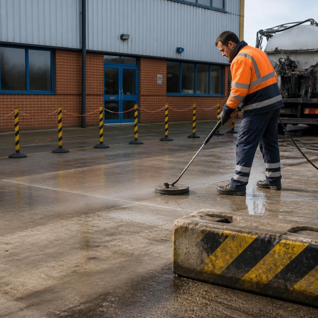 Worker cleaning an outdoor concrete surface before line marking