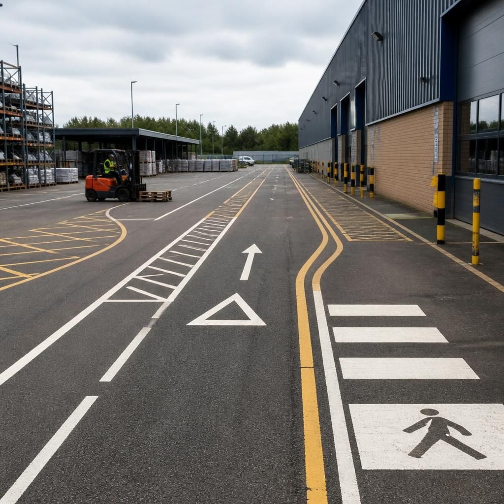 Warehouse yard with painted traffic lanes and pedestrian markings