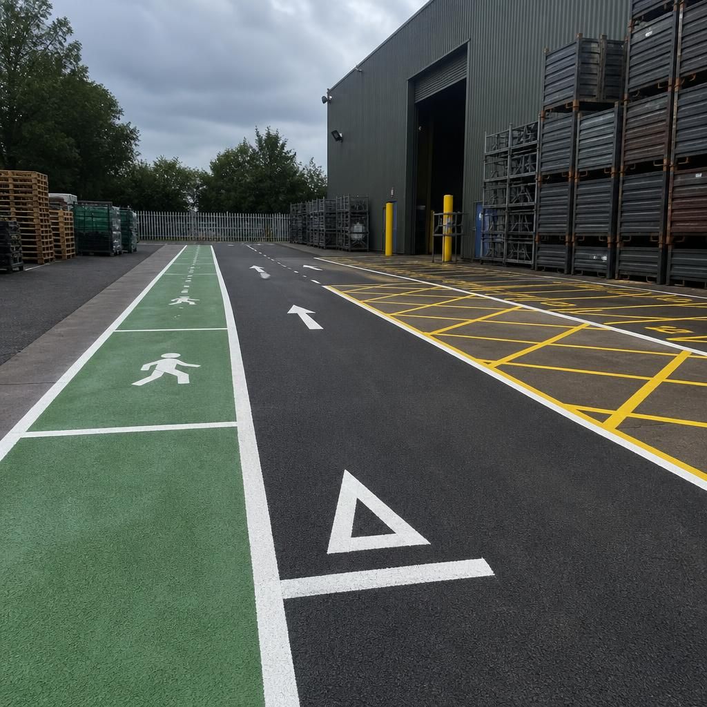 Warehouse yard with marked pedestrian walkways, traffic lanes and storage bays