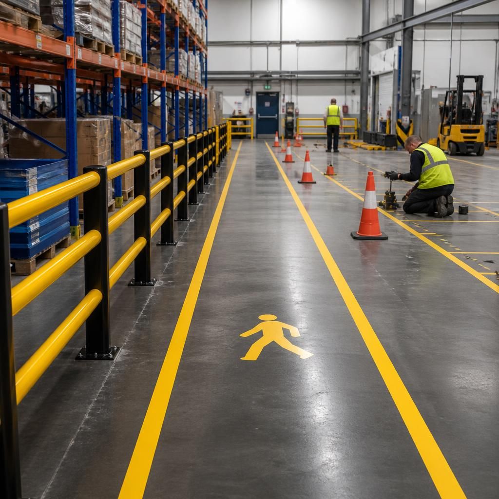 Warehouse aisle with safety barriers and marked pedestrian walkways during installation