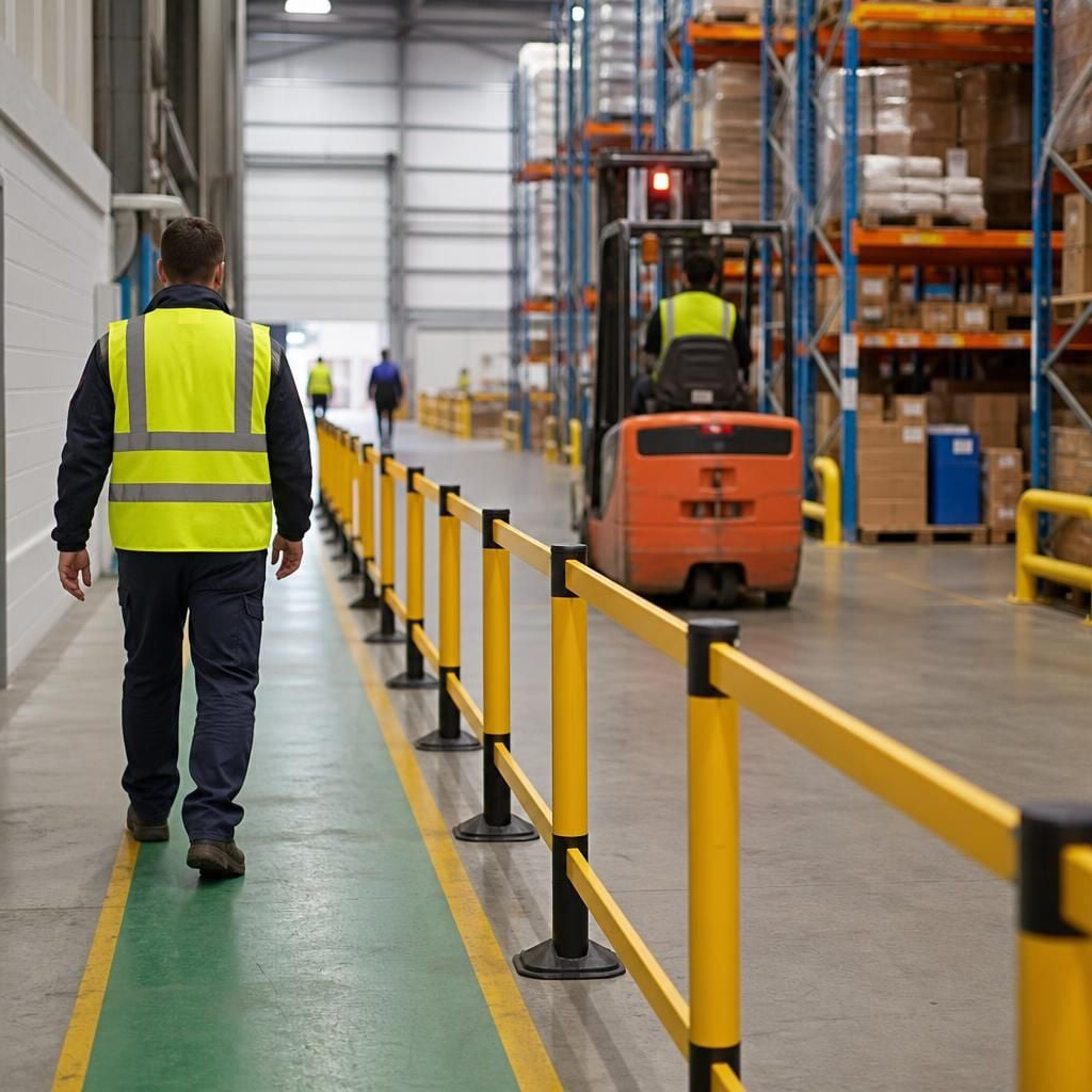 Warehouse aisle with temporary barriers separating pedestrians from forklift traffic