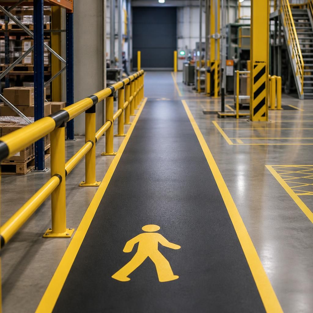 Warehouse pedestrian walkway separated by safety barriers and marked floor routes