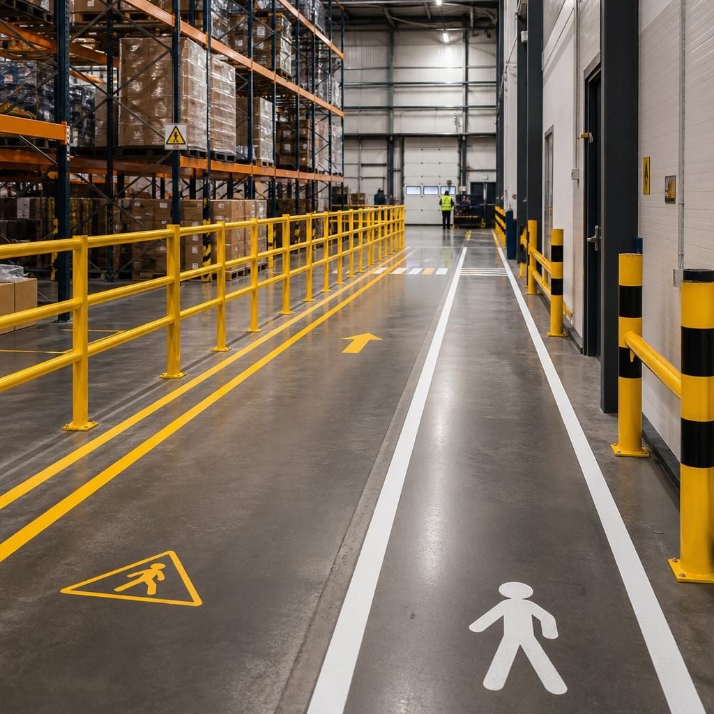 Warehouse walkway with pedestrian barriers and marked vehicle routes