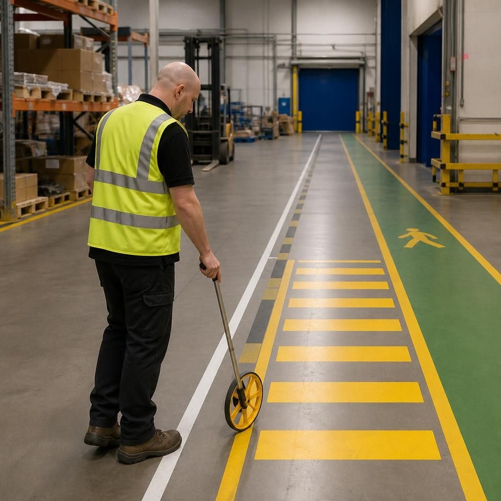 Surveyor measuring a warehouse floor beside marked vehicle routes