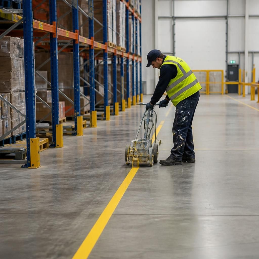 Warehouse floor marking being applied beside pallet racking