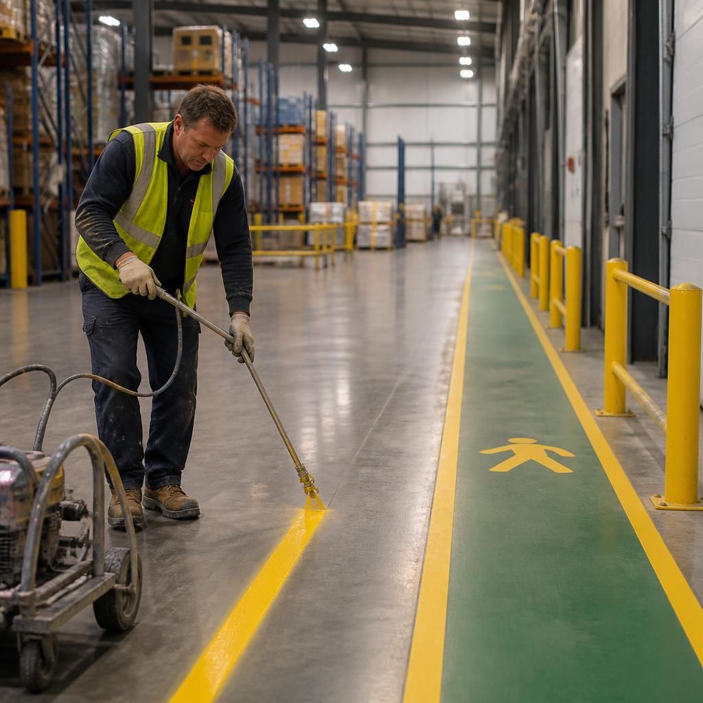 Warehouse worker applying floor markings beside a controlled pedestrian route