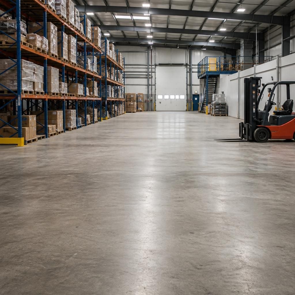 Warehouse floor cleared around racking and equipment before line marking