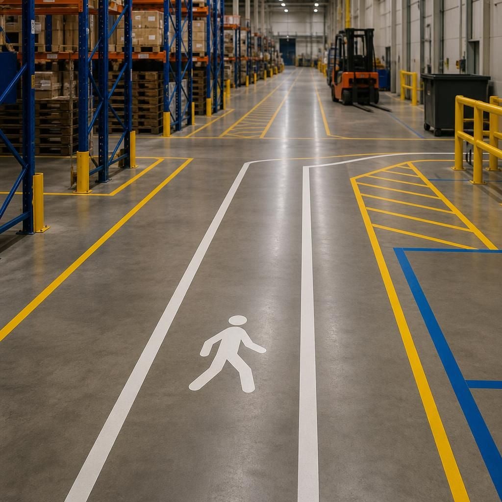 Warehouse floor showing marked pedestrian walkways, storage bays and traffic routes
