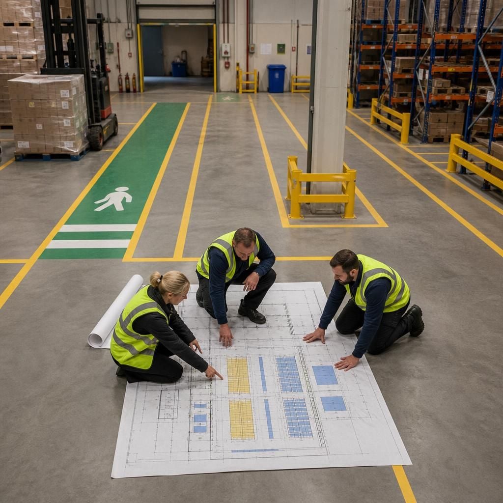 Warehouse floor plan showing storage bays, pedestrian routes and vehicle aisles