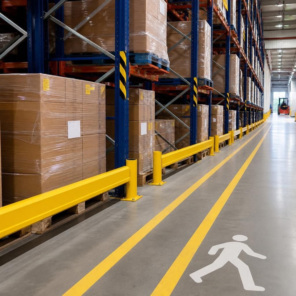 Warehouse safety barriers around pallet racking beside a marked pedestrian walkway