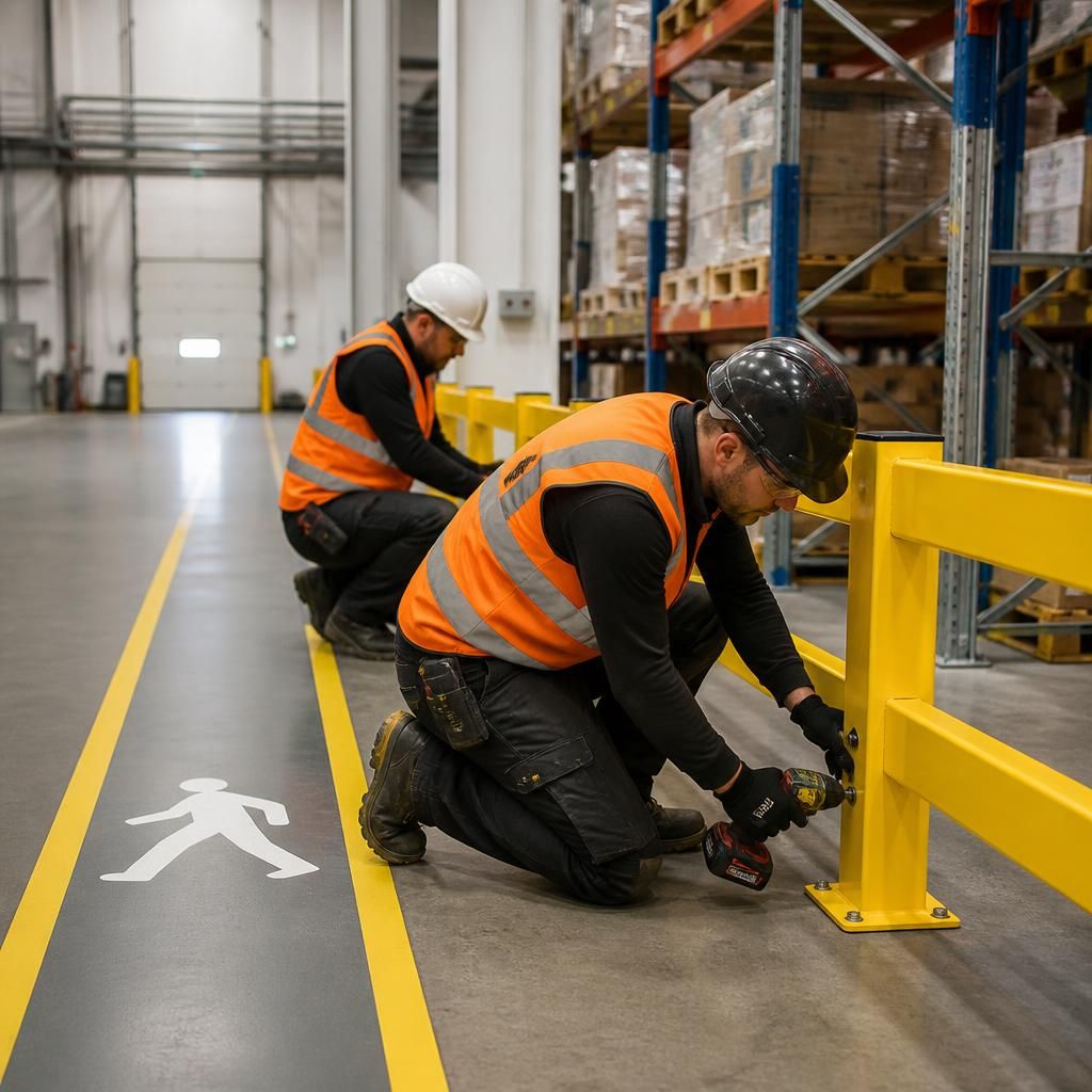 Installers fitting a safety barrier beside a warehouse pedestrian walkway