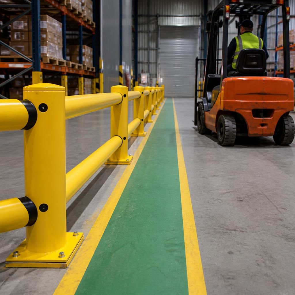 Warehouse safety barrier beside a pedestrian route and forklift aisle