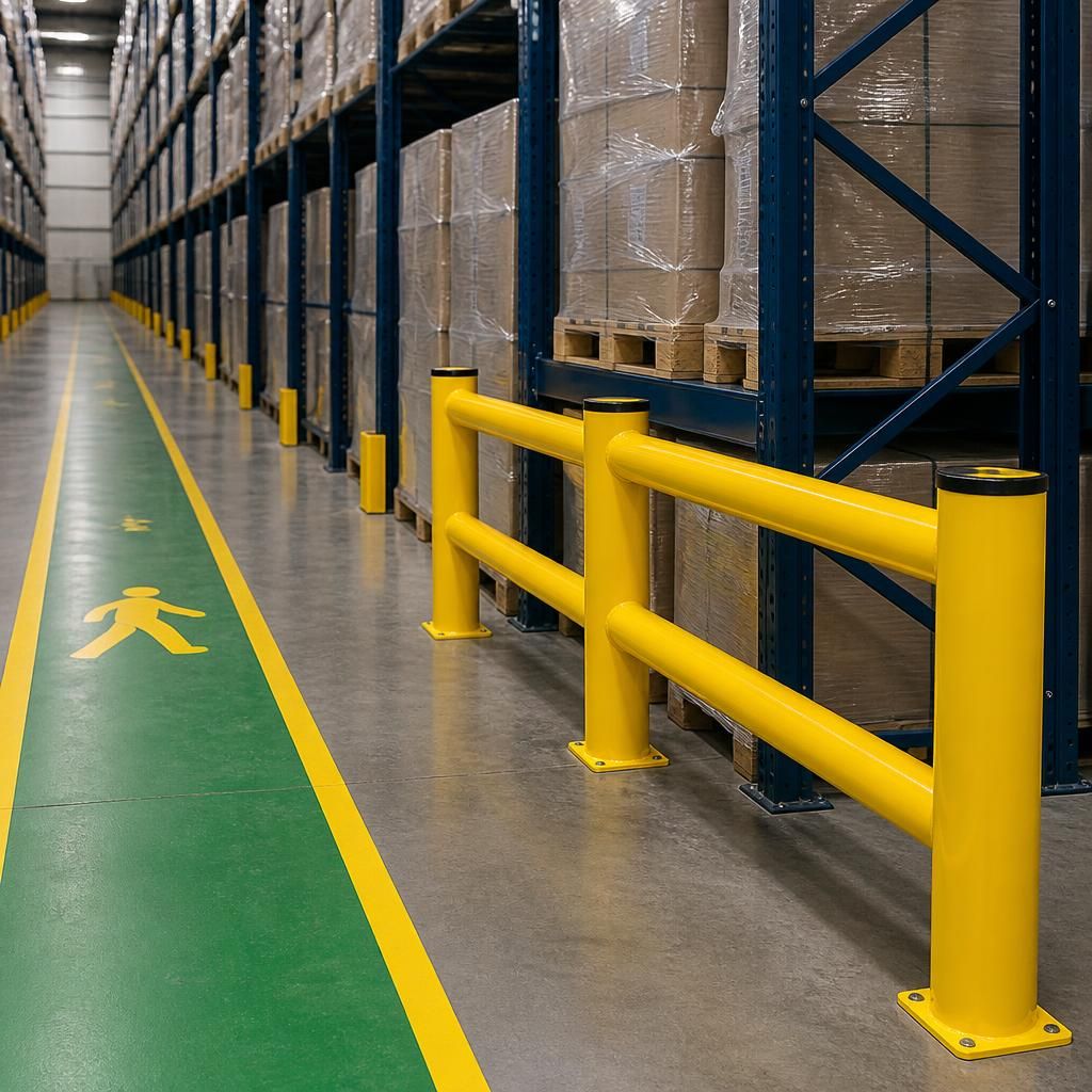 Yellow safety barriers beside warehouse racking and a marked pedestrian route