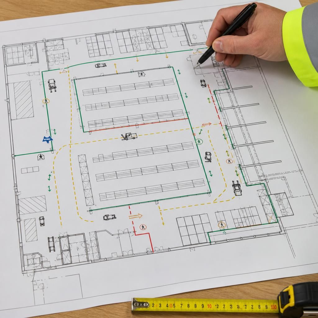 Marked warehouse plan showing barrier lines, access points and vehicle routes