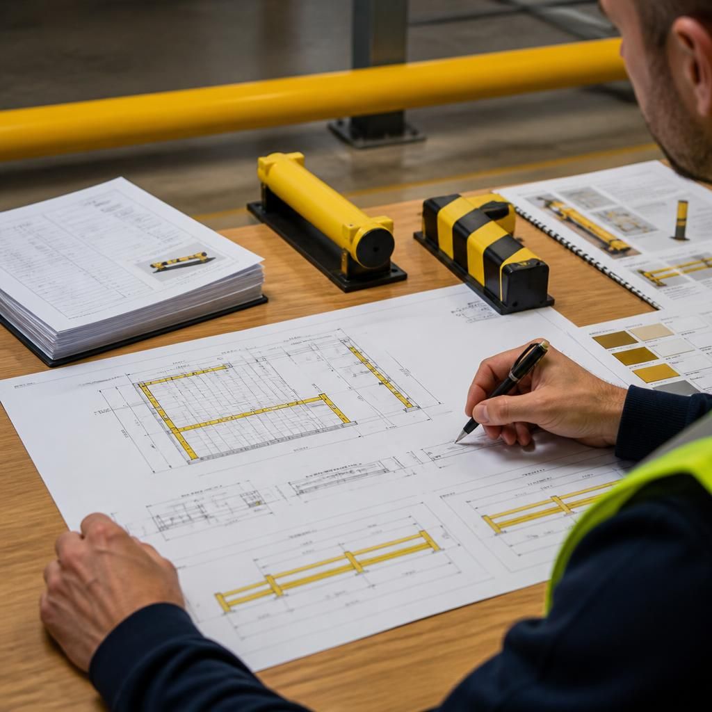 Warehouse safety barrier quotation beside a layout drawing and material specifications
