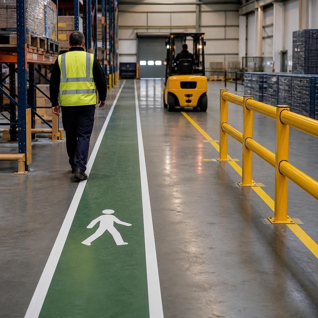 Warehouse floor markings separating pedestrian and vehicle routes beside safety barriers