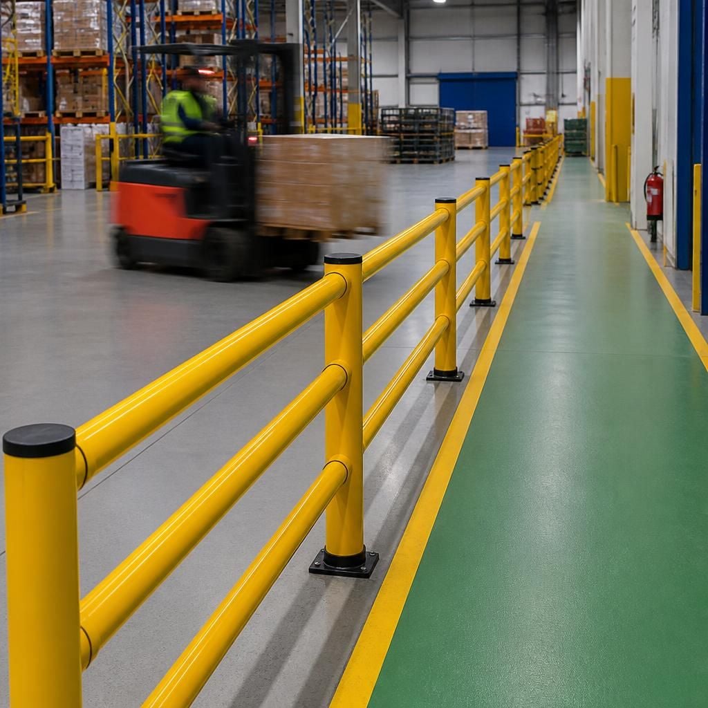 Fixed warehouse safety barrier separating a pedestrian walkway from vehicle routes