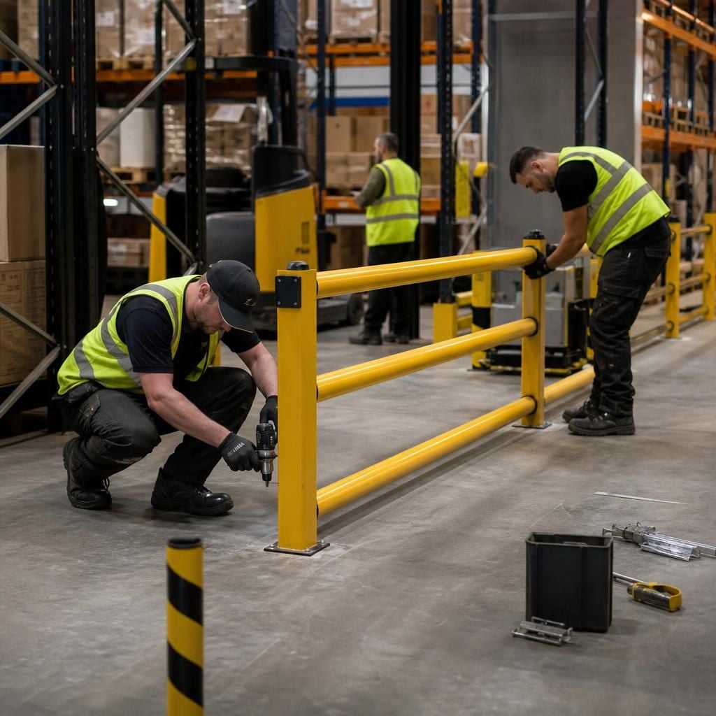 Warehouse operatives installing fixed and removable safety barriers around storage aisles