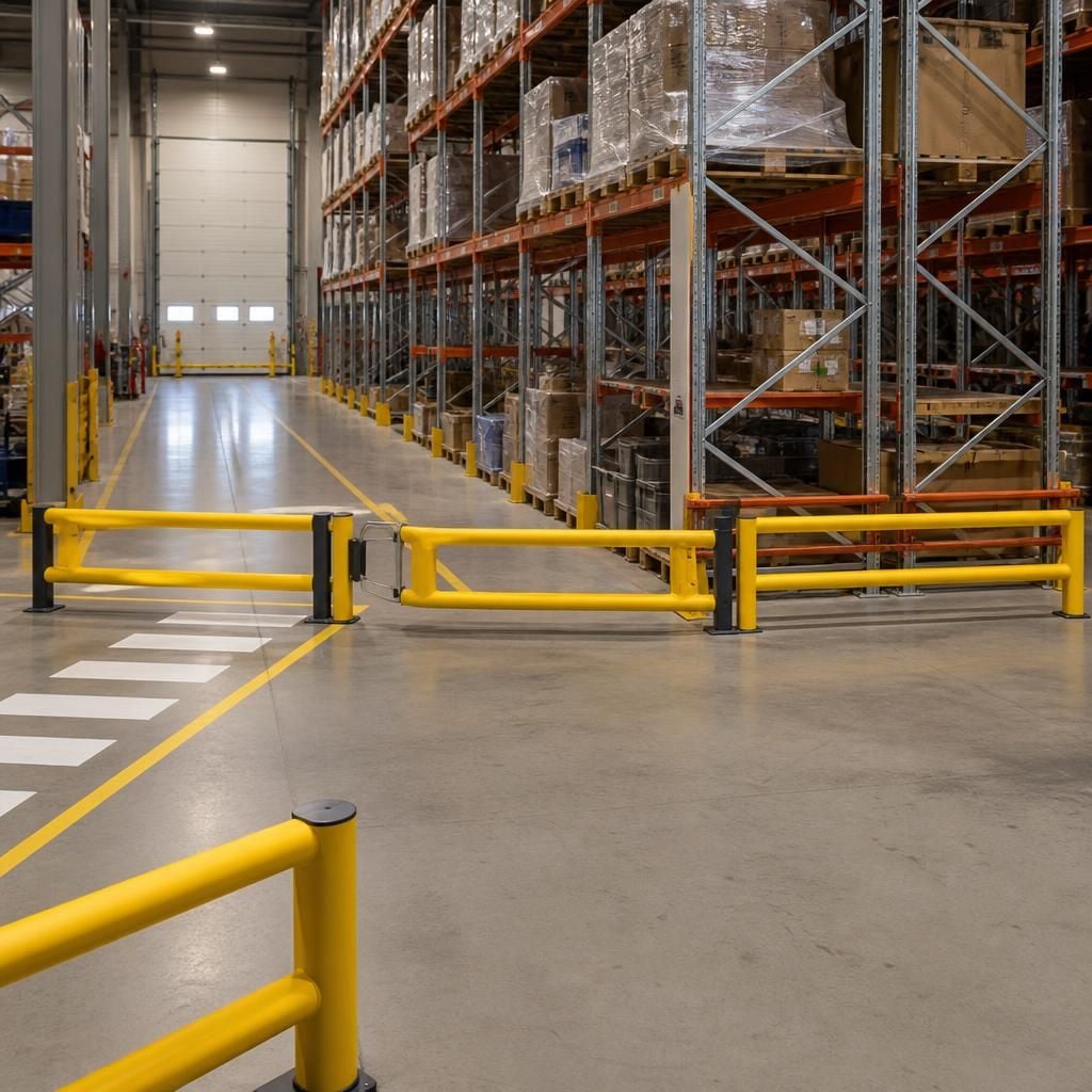 Warehouse aisle with fixed and removable safety barrier sections around vehicle access points
