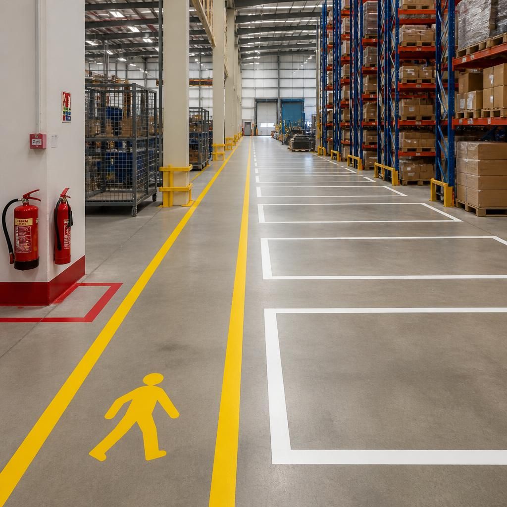 Yellow pedestrian route beside white storage bays and red fire equipment markings in a warehouse
