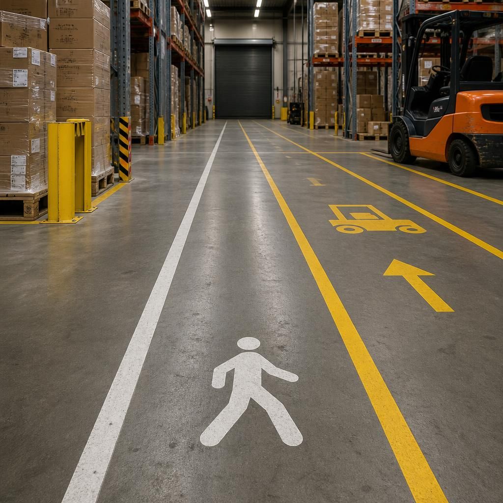 Warehouse concrete floor with painted pedestrian and forklift routes