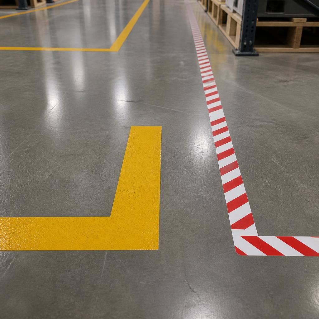 Painted warehouse floor lines beside removable marking tape