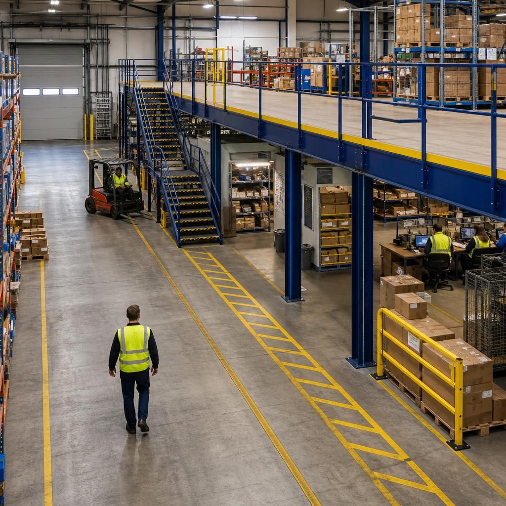 Warehouse mezzanine floor installation with separated work areas and marked access routes