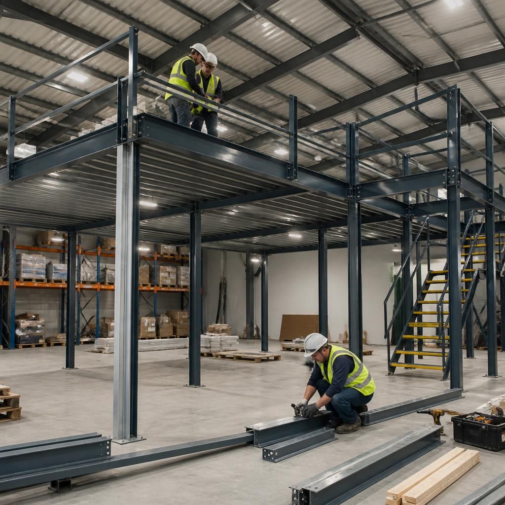 Steel mezzanine floor being assembled inside a warehouse