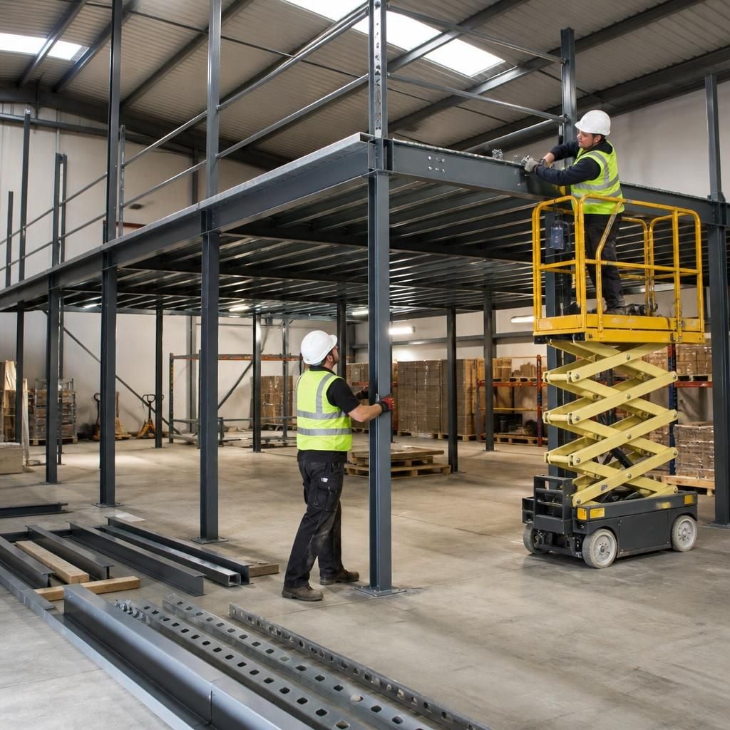 Installers assembling a mezzanine floor within a warehouse work area