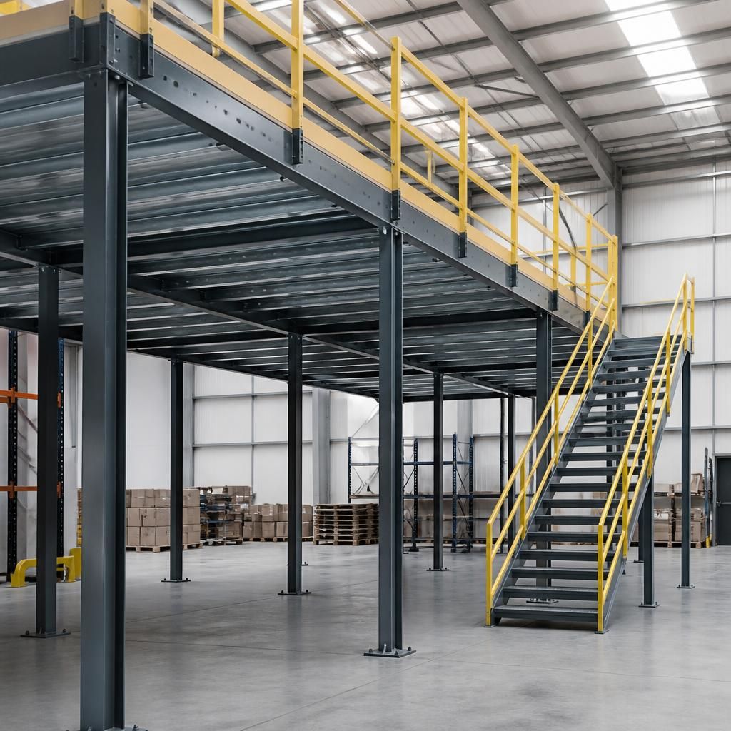 Steel mezzanine floor structure being assembled inside a warehouse