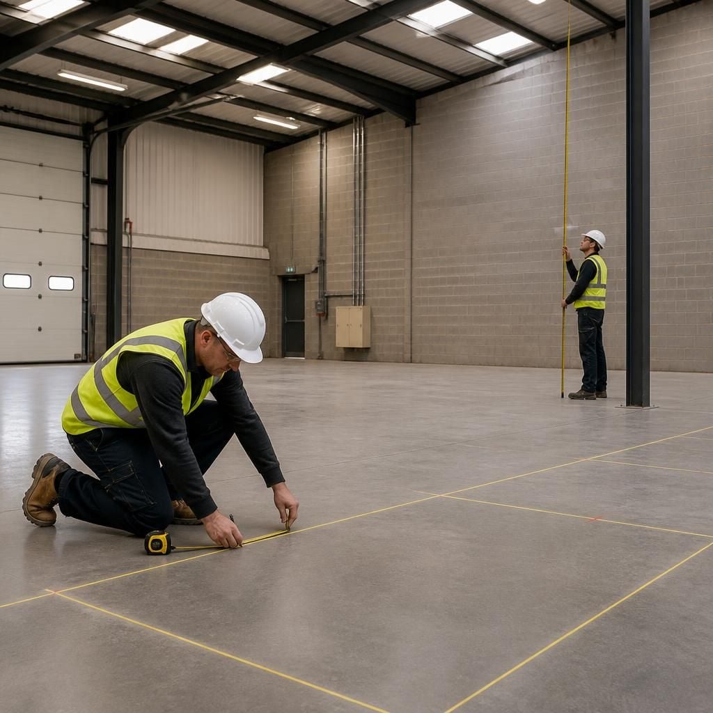 Warehouse area being measured and marked out for mezzanine floor installation