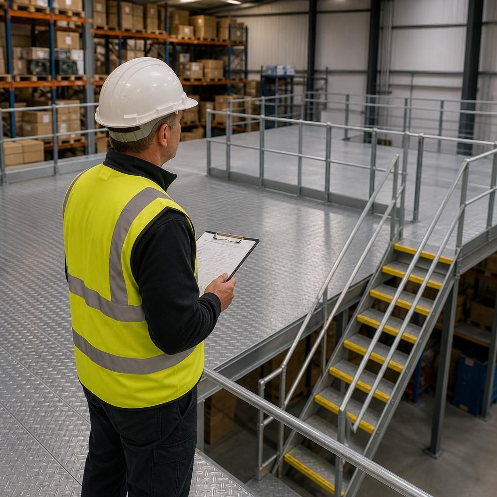 Mezzanine floor decking, stairs and handrails viewed during a site inspection