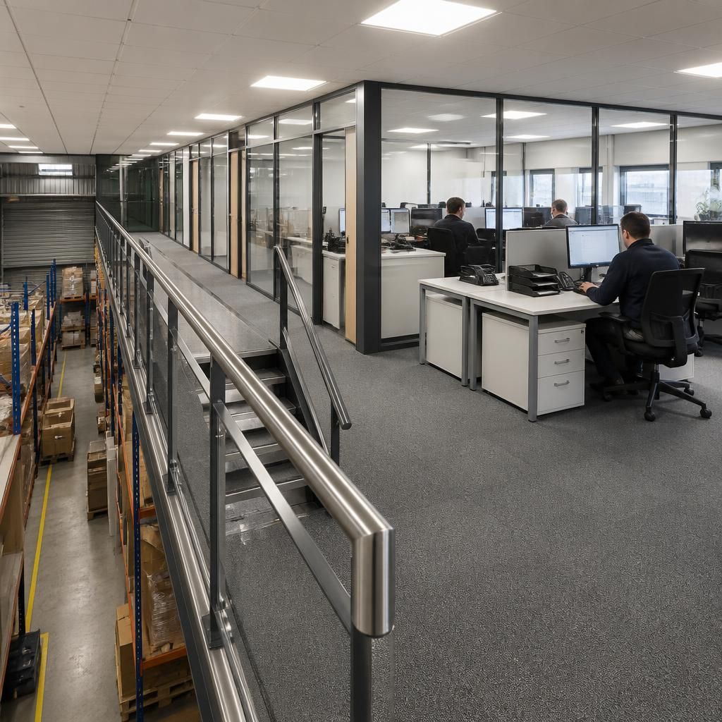 Mezzanine office with desks and partitioned workspaces above a warehouse floor