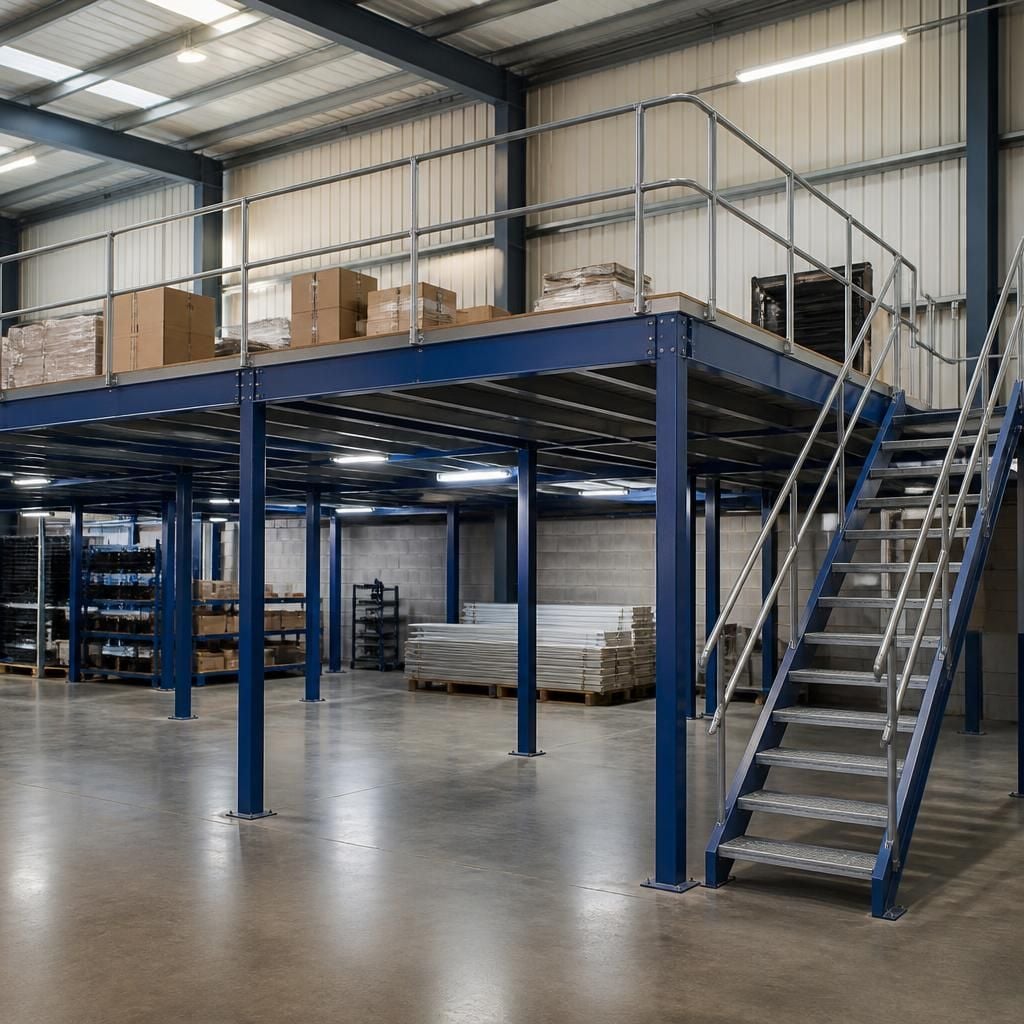 Steel mezzanine floor with stairs inside a warehouse