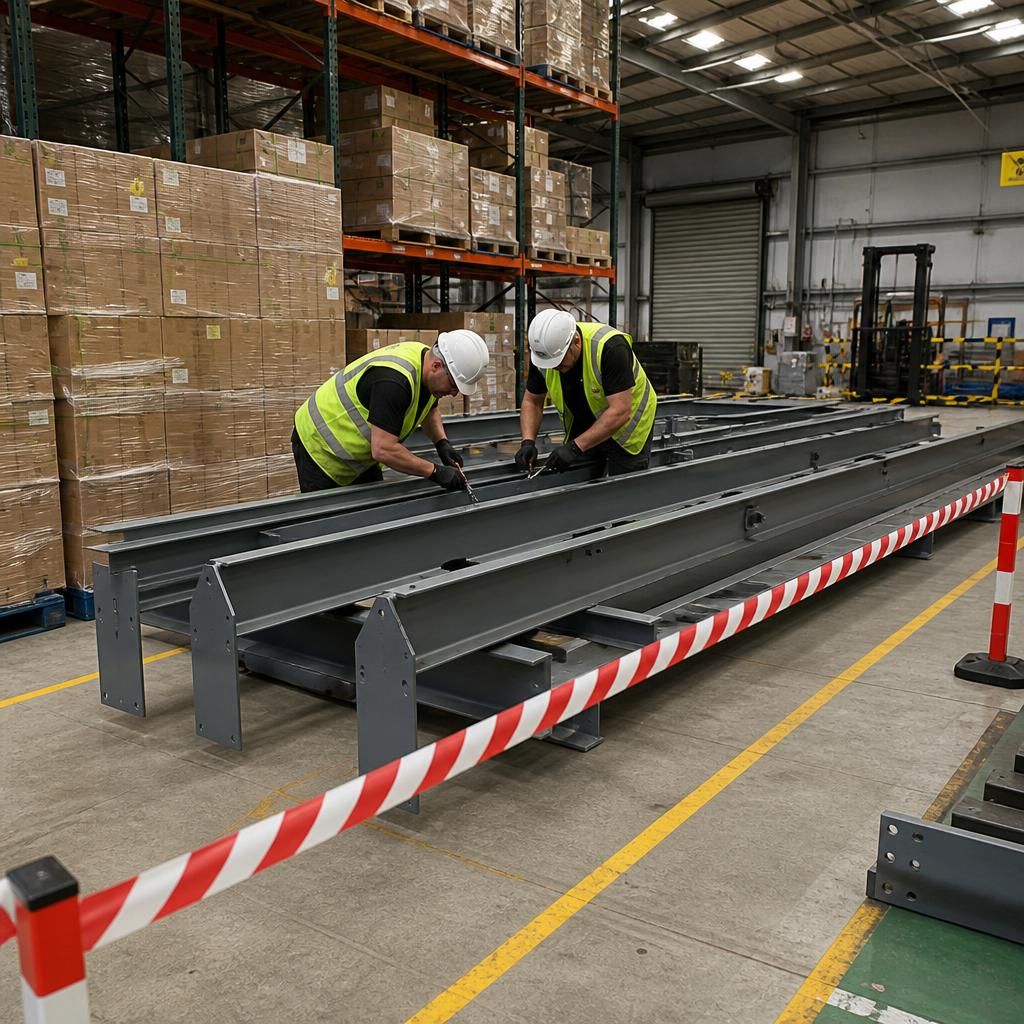 Steel mezzanine beams being assembled beside warehouse stock and marked access routes