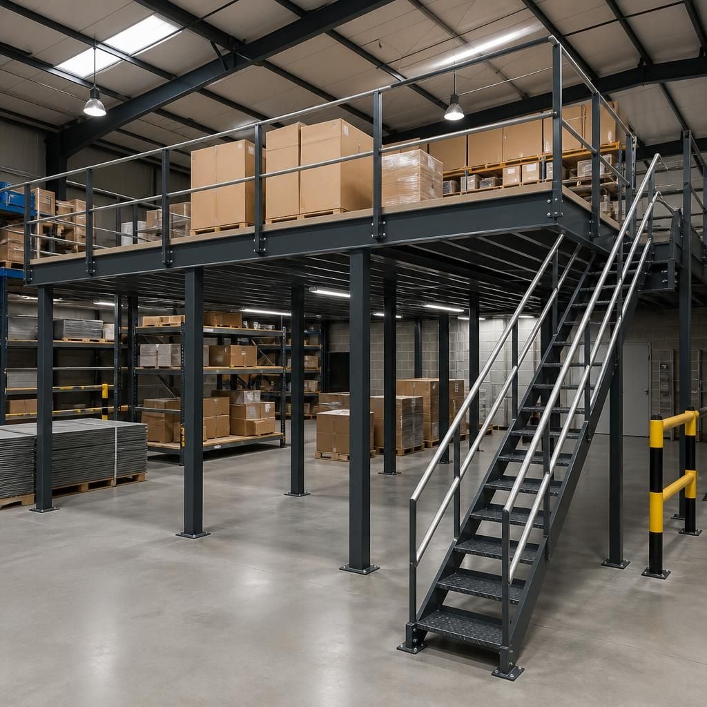 Warehouse mezzanine floor with stairs, guardrails and stored goods