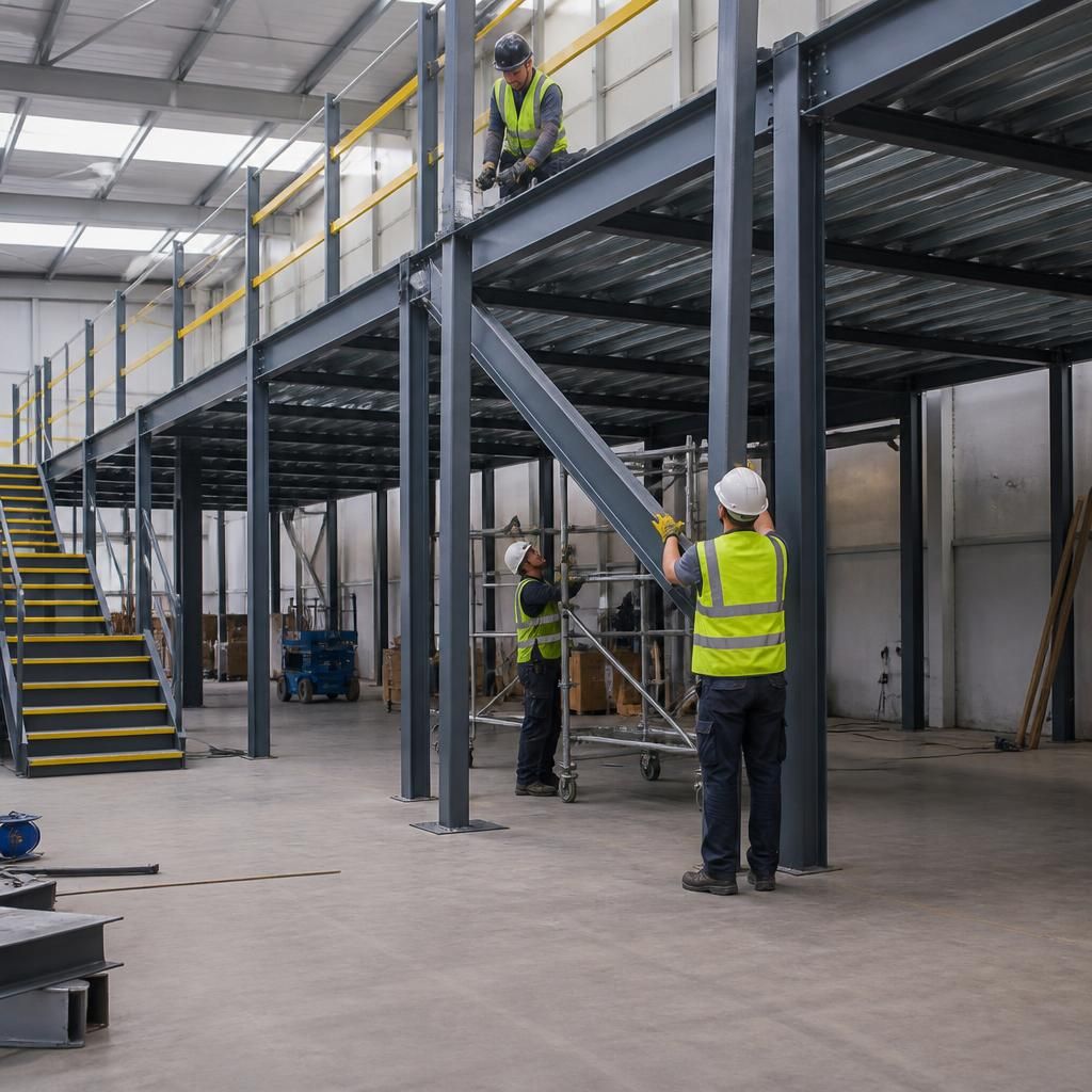 Steel mezzanine floor structure being installed inside a warehouse