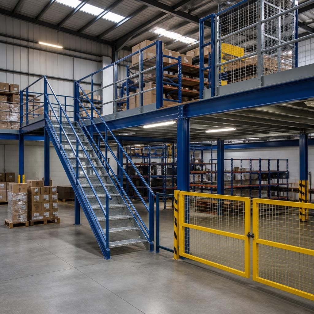 Warehouse mezzanine floor with stairs, guarding and goods gate