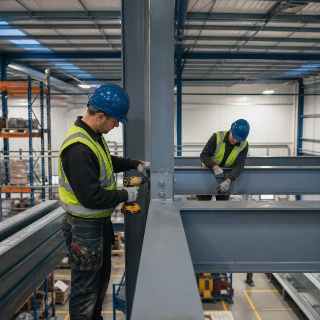 Workers assembling steel beams for a mezzanine floor inside a warehouse