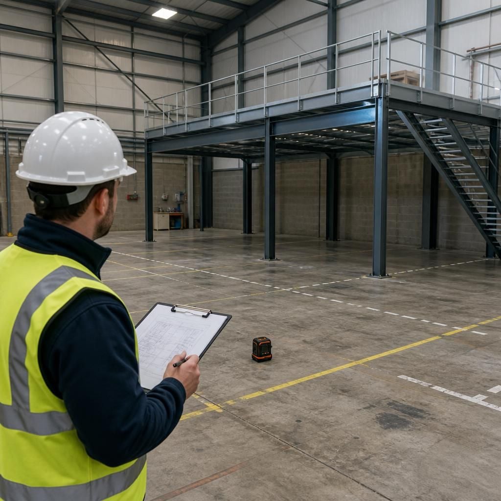 Surveyor reviewing warehouse measurements beside a proposed mezzanine floor area