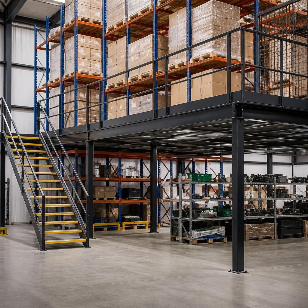 Mezzanine floor with pallet racking, stored goods and access stairs