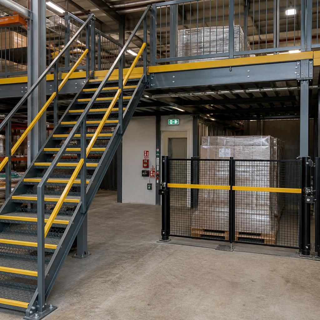 Mezzanine staircase with handrails and a gated pallet loading area
